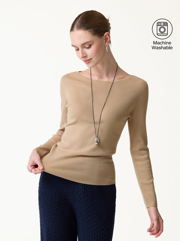 OGLmove 100% Merino Wool Boat Neck Sweater Ocher Brown XS