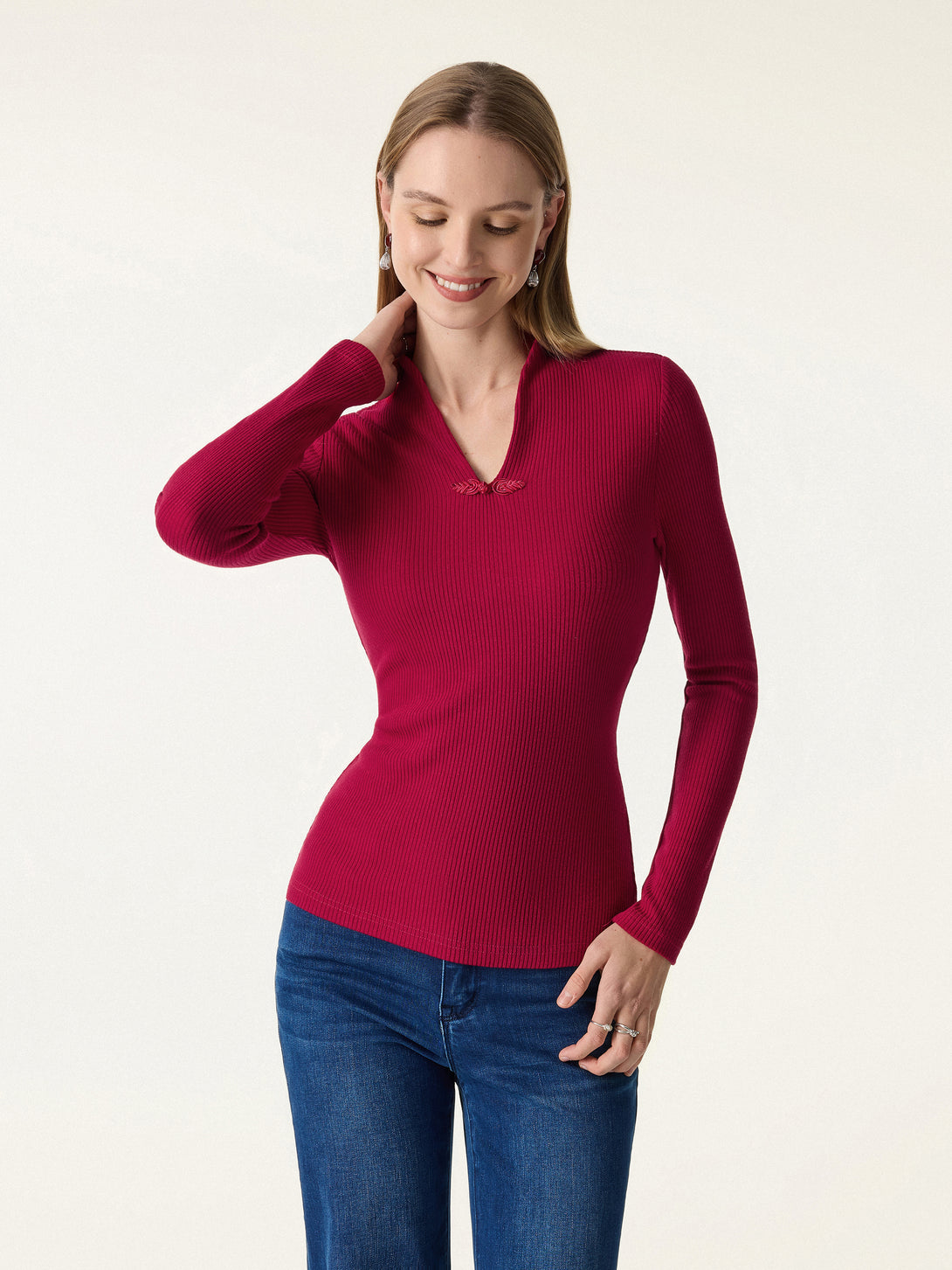 Ribbed Stand V-neck Frog Button Long Sleeve Brami