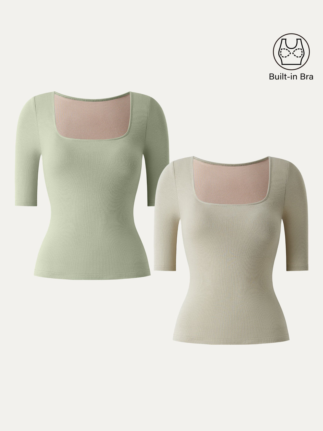 2Pcs Set Stretch Cotton Square Neck Elbow Length Sleeve Brami Dark Alabaster/Limechino XS