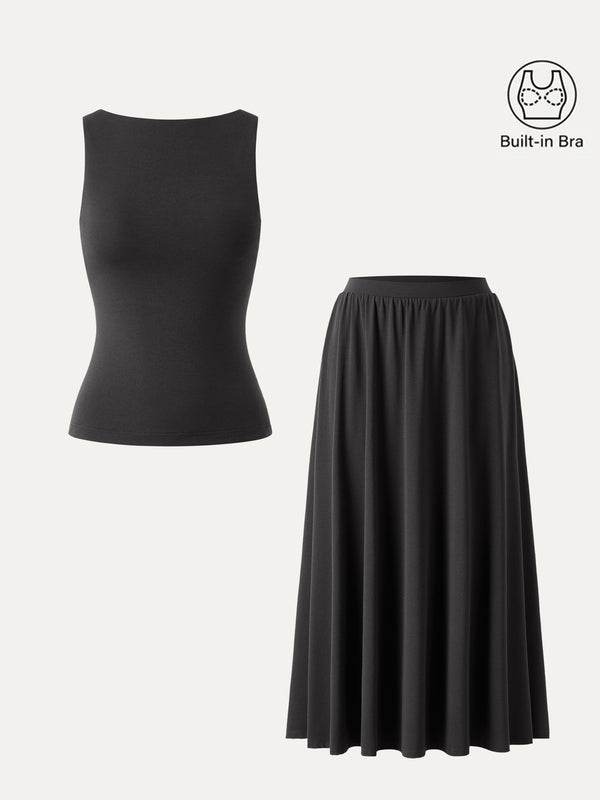 2Pcs Set Stretch Cotton Boatneck Brami Tank & Maxi Umbrella Skirt with Pockets