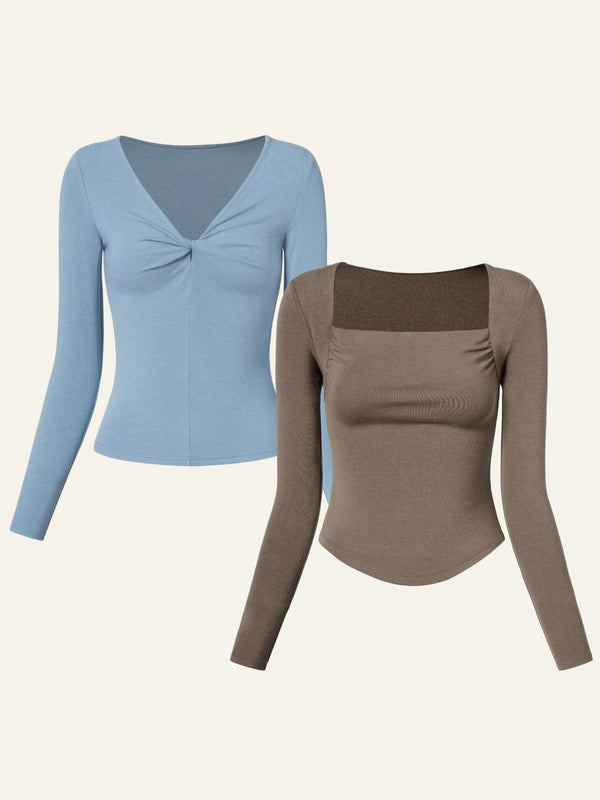Merino Wool Blend Front Twist Long Sleeves Top & Eco-Mousse® Thermal Cowl Neck Top 2Pcs Set