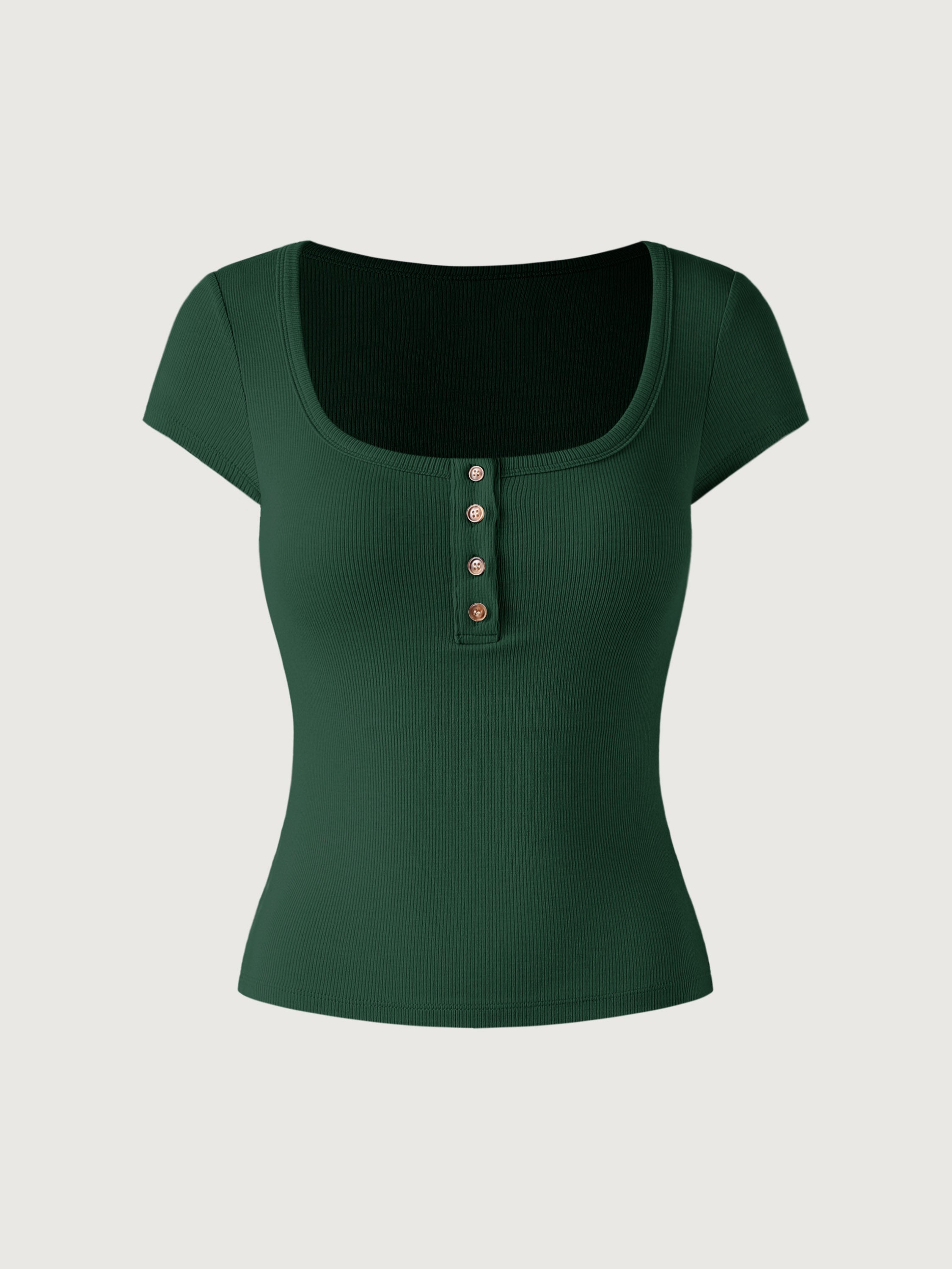 U-Neck Henley Short Sleeve Brami Top - Bush Green