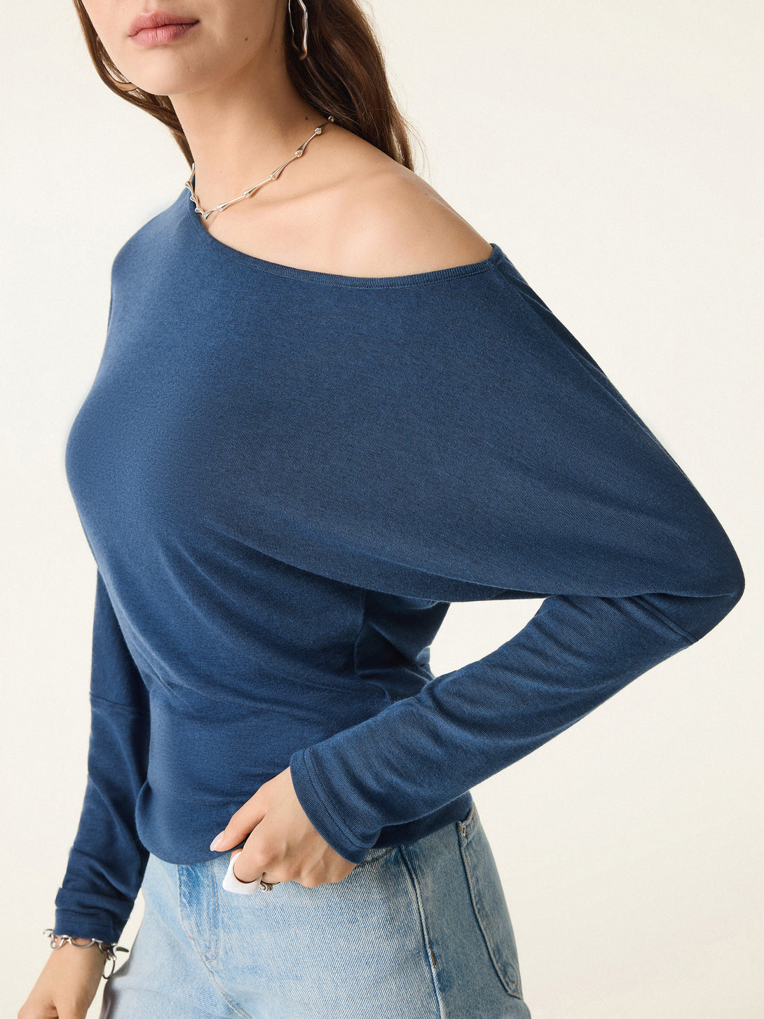 Lyocell Cashmere Cold-Shoulder Semi-Sheer Top