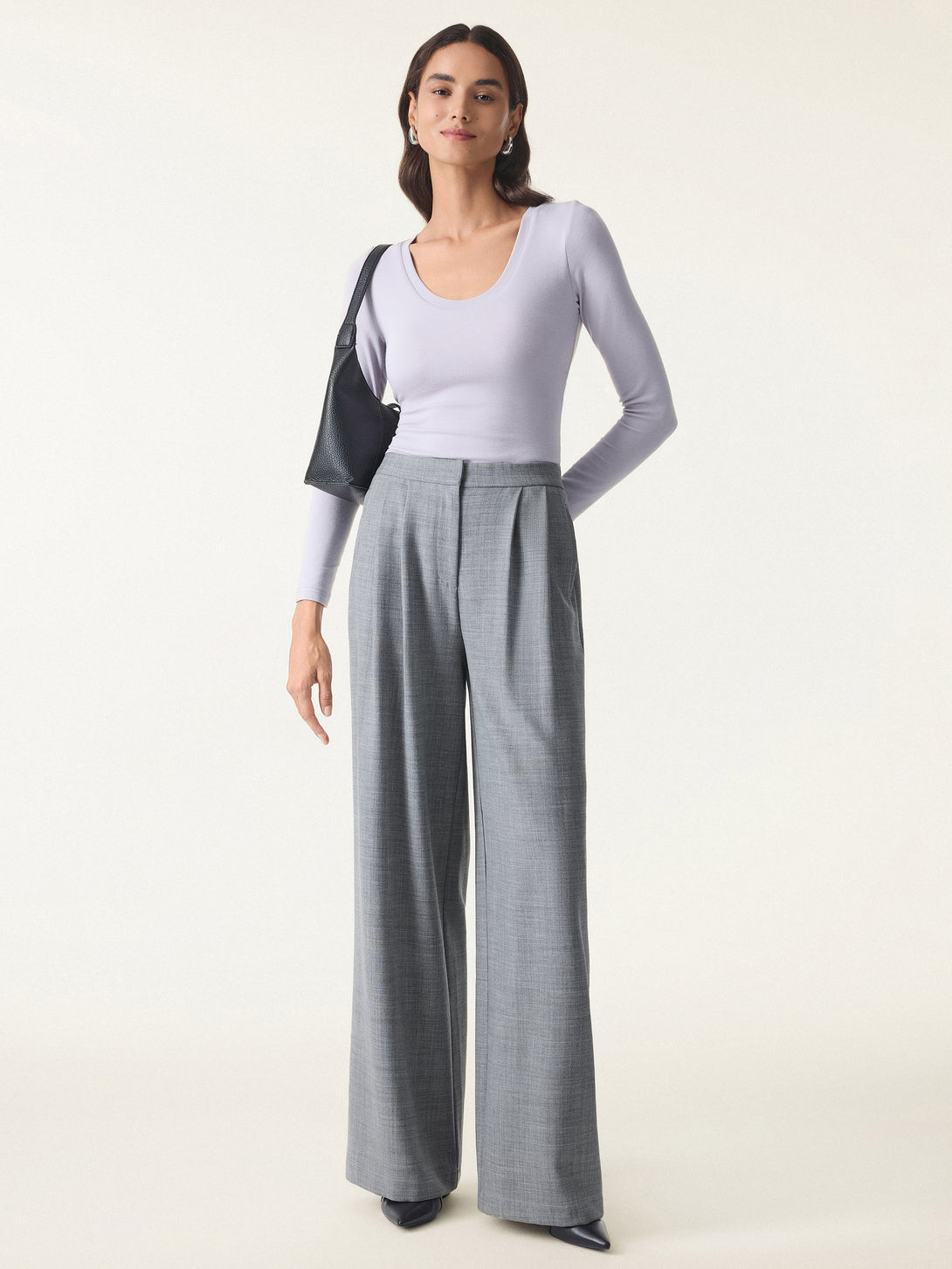 4-way Stretch Wool Mid Rise Pleated Wide Leg Trousers with Pockets