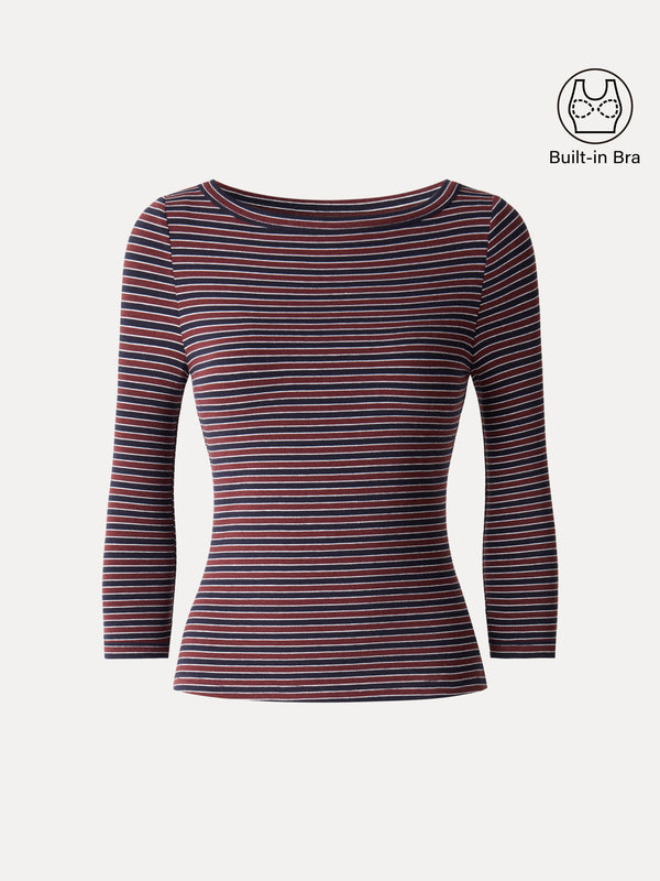OGLmove LiteWarm Striped Parisian Boatneck 3/4 Sleeve Built-In Bra Top 2.0