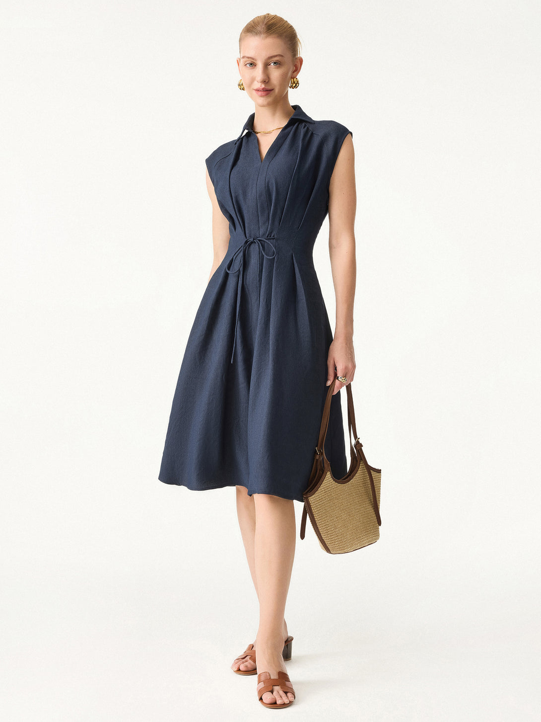 Viscose-Linen Collared V-neck Midi Dress with Drawstring Denim Navy XS