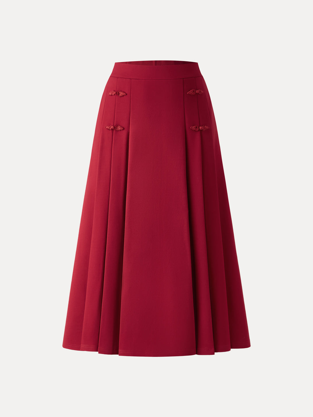 Pleated Frog Button Decor Midi A-line Skirt
