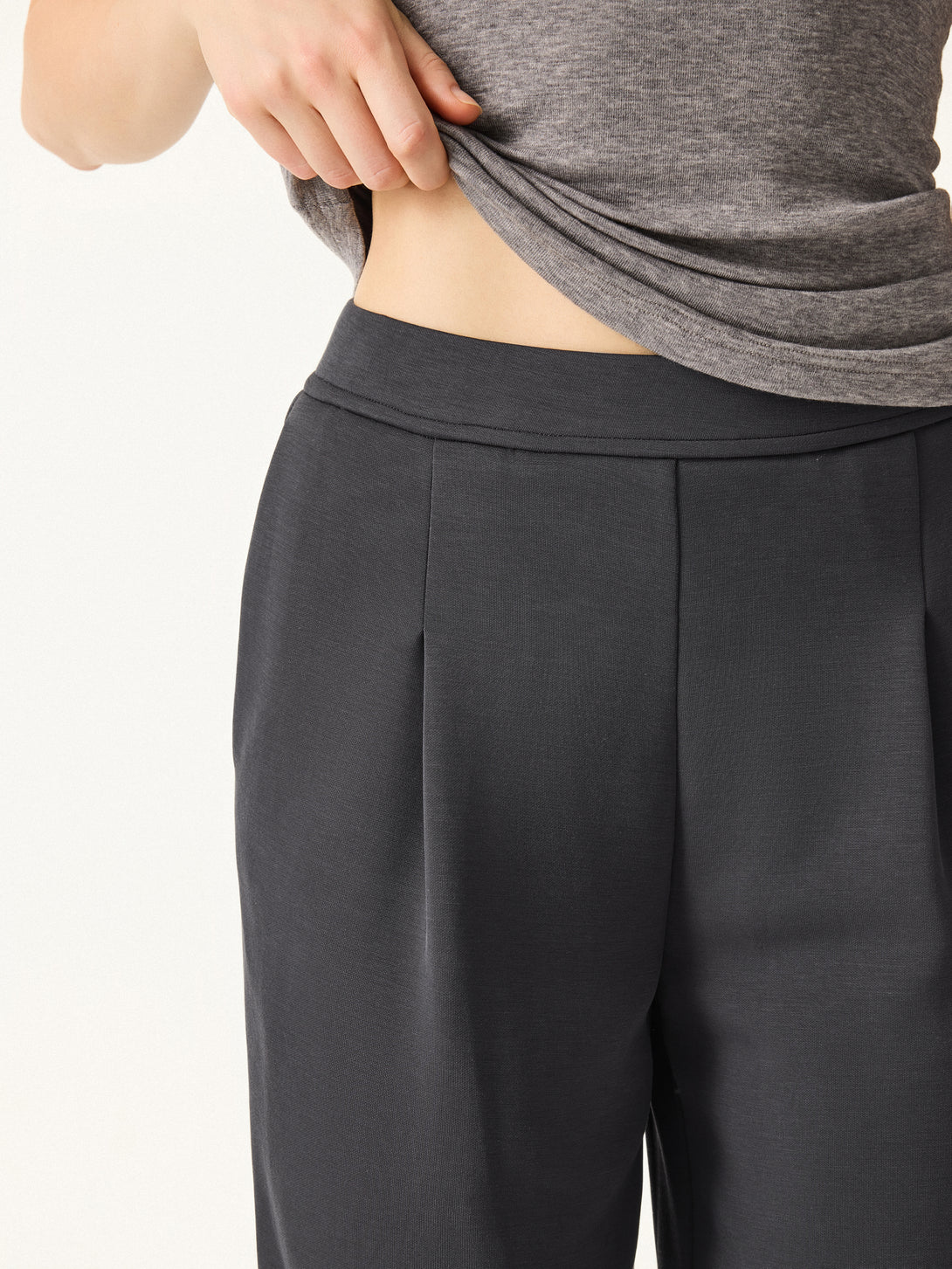 2Pcs Set Crewneck 3/4 Sleeve Top & Mid Rise Straight Leg Pull-on Trousers with Pockets