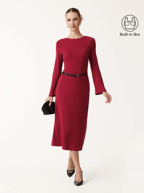 OGLmove Eco-Mousse® Boatneck Bell Sleeve Midi Bra Dress Brick XXS