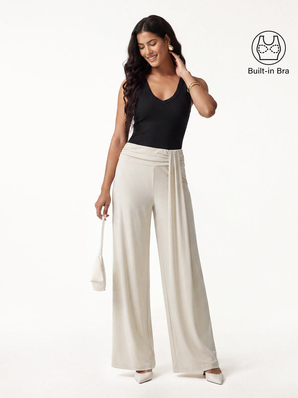OGLmove 2Pcs Set V-neck Bra Tank & Mid-Rise Wide-Leg Lounge Pants Black/Morning Mist XS