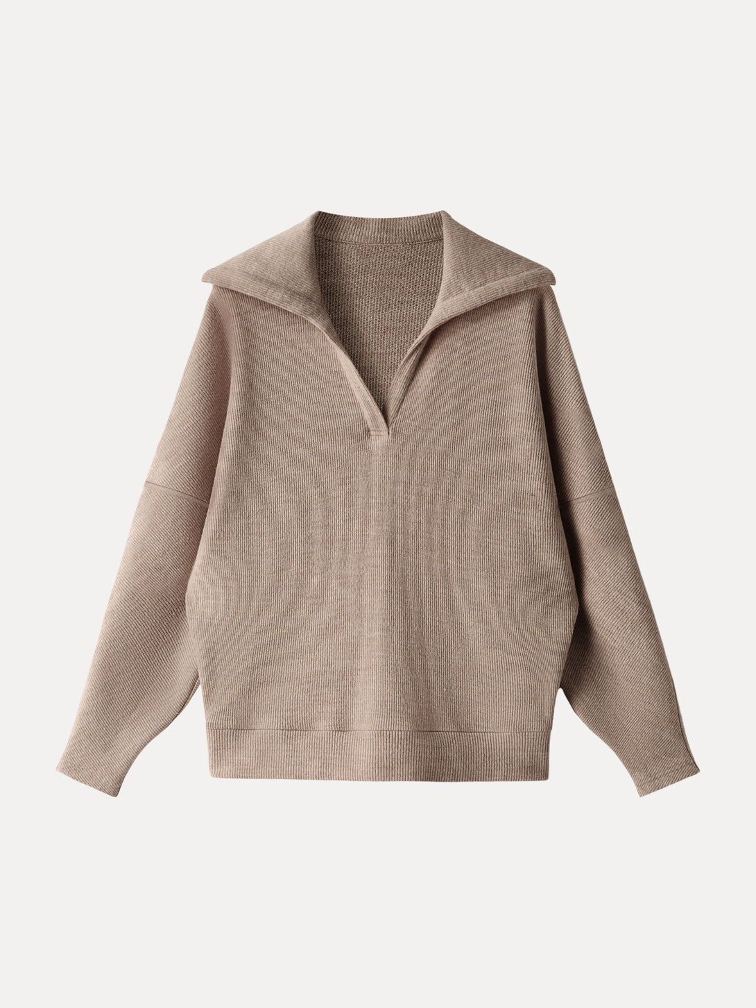 Cozy Collared V-Neck Batwing Sleeve Pullover Heather Taupe XS