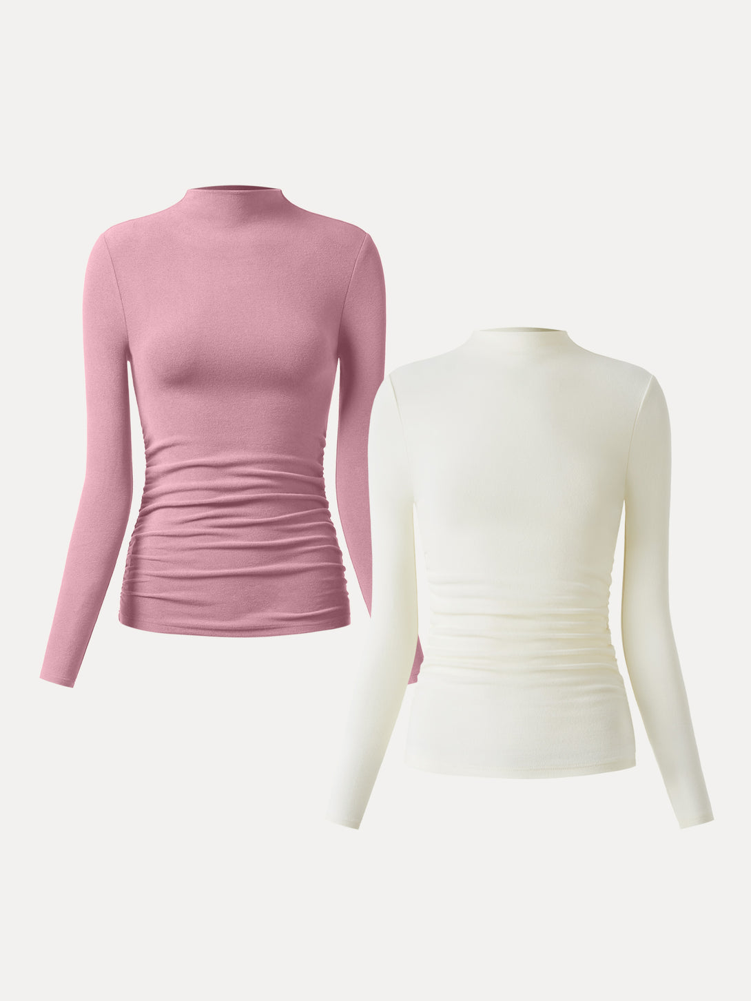 2Pcs Set Thermal Ruched Sides Tuckable Mockneck Top Off White/French Mauve XS
