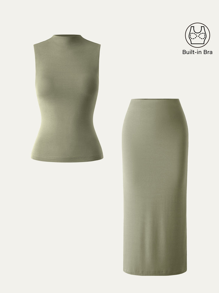 2Pcs Set Mockneck Brami Tank & Column Maxi Skirt Tate Olive XS