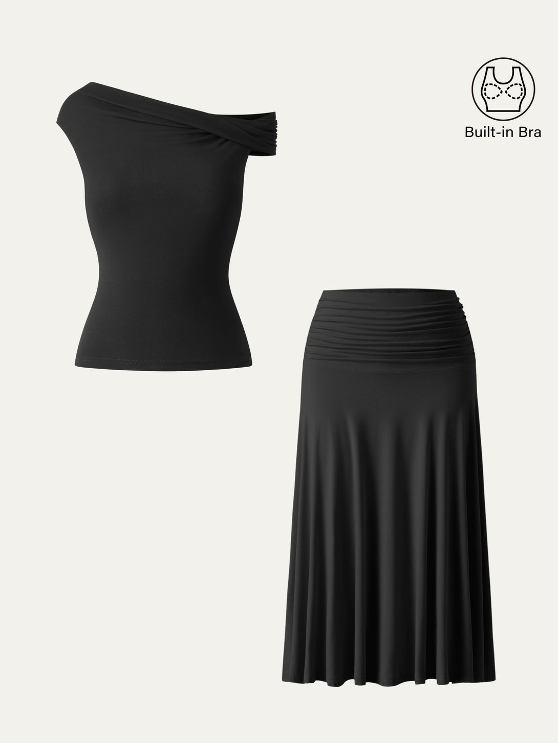 2Pcs Set Multi-wear Versatile Necklines Brami Top & Flowy Side Ruched A-line Midi Skirt Black XS
