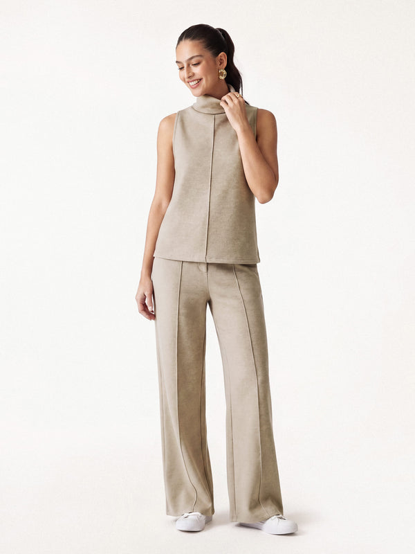 OGLmove 2Pcs Set Petite High Waisted Straight Leg Pant & Split Hem Top Heather Morganite XXS