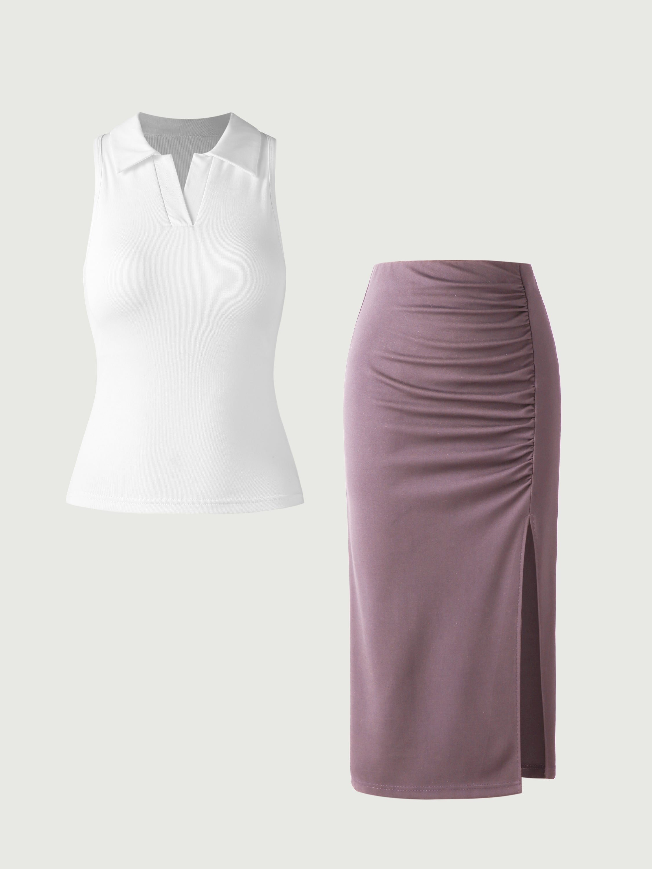 Cotton Polo Brami Tank & Ruching Slit Midi Skirt 2Pcs Set - White/Taro Purple