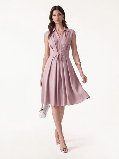 OGLmove Viscose-Linen V-neck Midi Dress with Drawstring Soft Pink XS