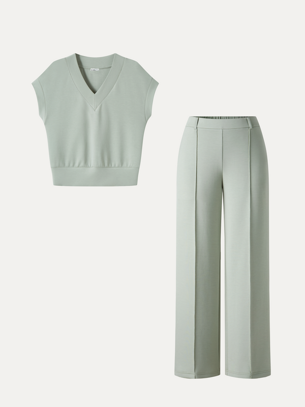 OGLmove 2Pcs Set V-Neck Short Sleeve Top & Cropped Straight-Leg Pants with Pockets