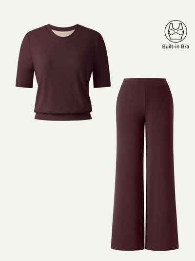 OGLmovede 2Pcs Set Regular Mid Rise Wide Leg Pants & Crewneck Bra Top Ruby Berry XXS