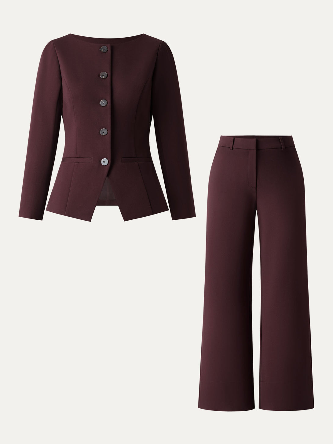 2Pcs Set Boatneck Blazer & High Rise Wide Leg Trousers with Zippered Pockets