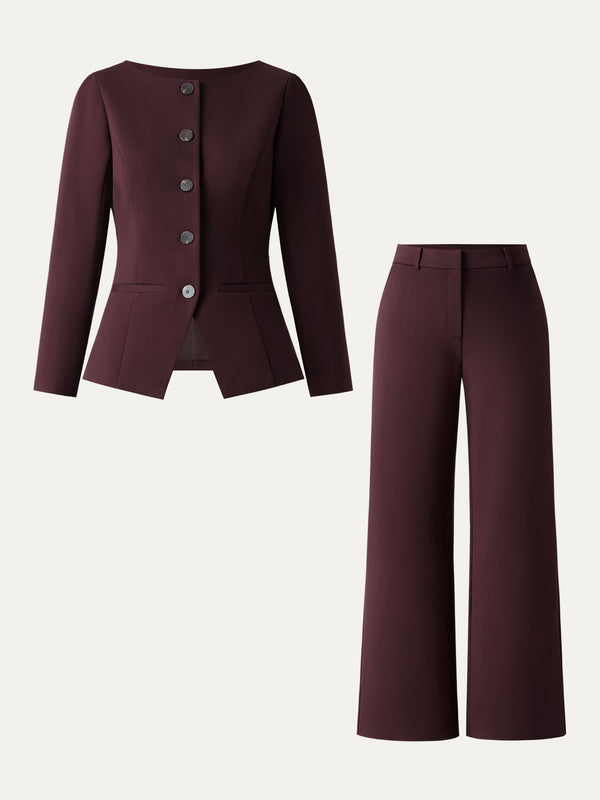 2Pcs Set Boatneck Blazer & High Rise Wide Leg Trousers with Zippered Pockets