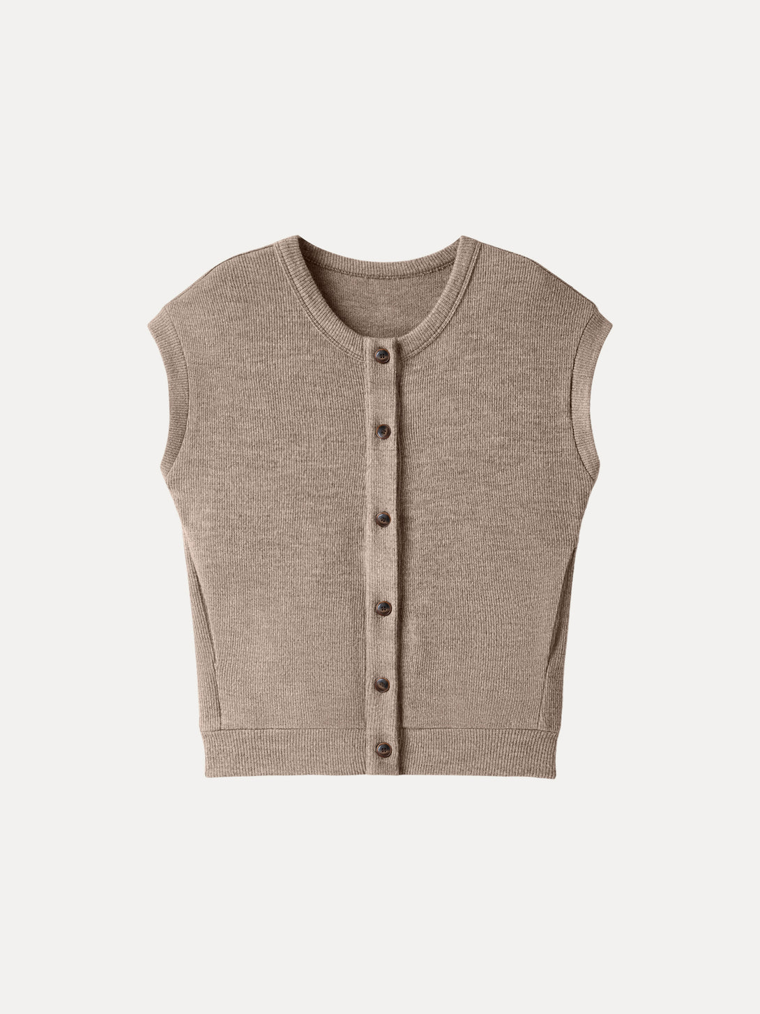 Cozy Crewneck Button Front Vest with Banded Hem Heather Taupe XS