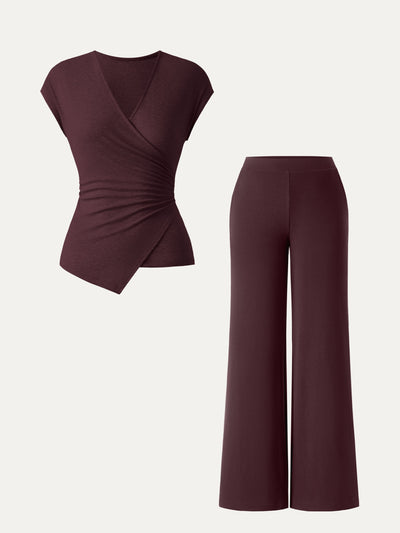OGLmove 2Pcs Set Lyocell Wool Surplice Cap Sleeve Top & Mid Rise Wide Leg Pants with Pockets Ruby Berry XXS