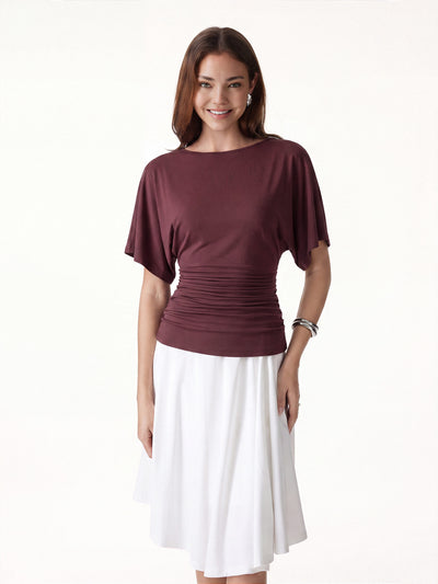 Boatneck Batwing Sleeve Side Ruched Top