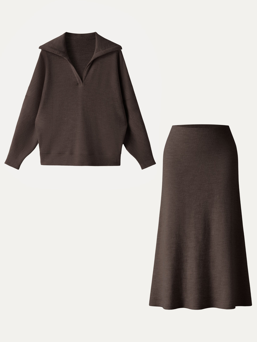 2Pcs Set Collared V-Neck Batwing Sleeve Pullover & Ribbed Midi Pull-on Skirt