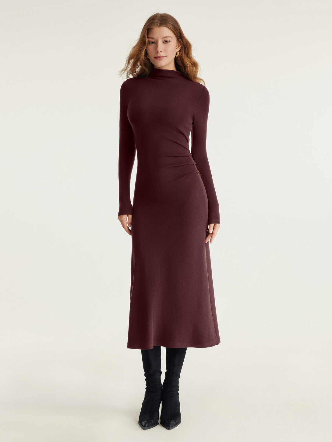 ProWarm Long Sleeves Mockneck Tucks Midi Dress Regular Ruby