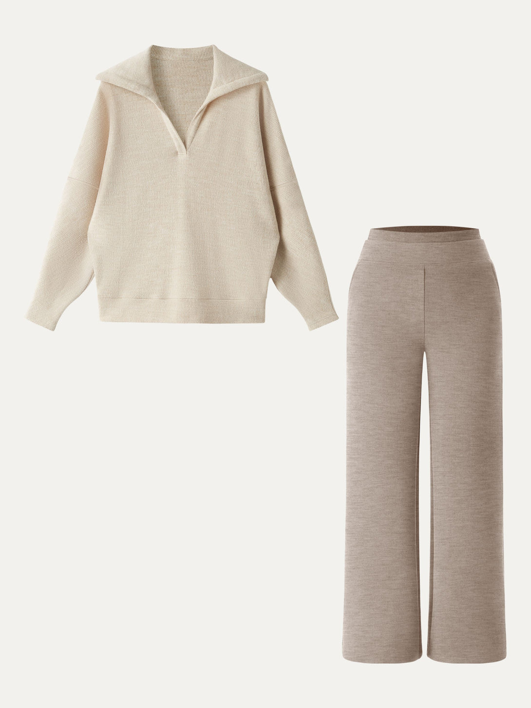 2Pcs Set Petite Double Waistband Straight Pants & V-Neck Batwing Sleeve Pullover Heather Tan/Heather Taupe XS