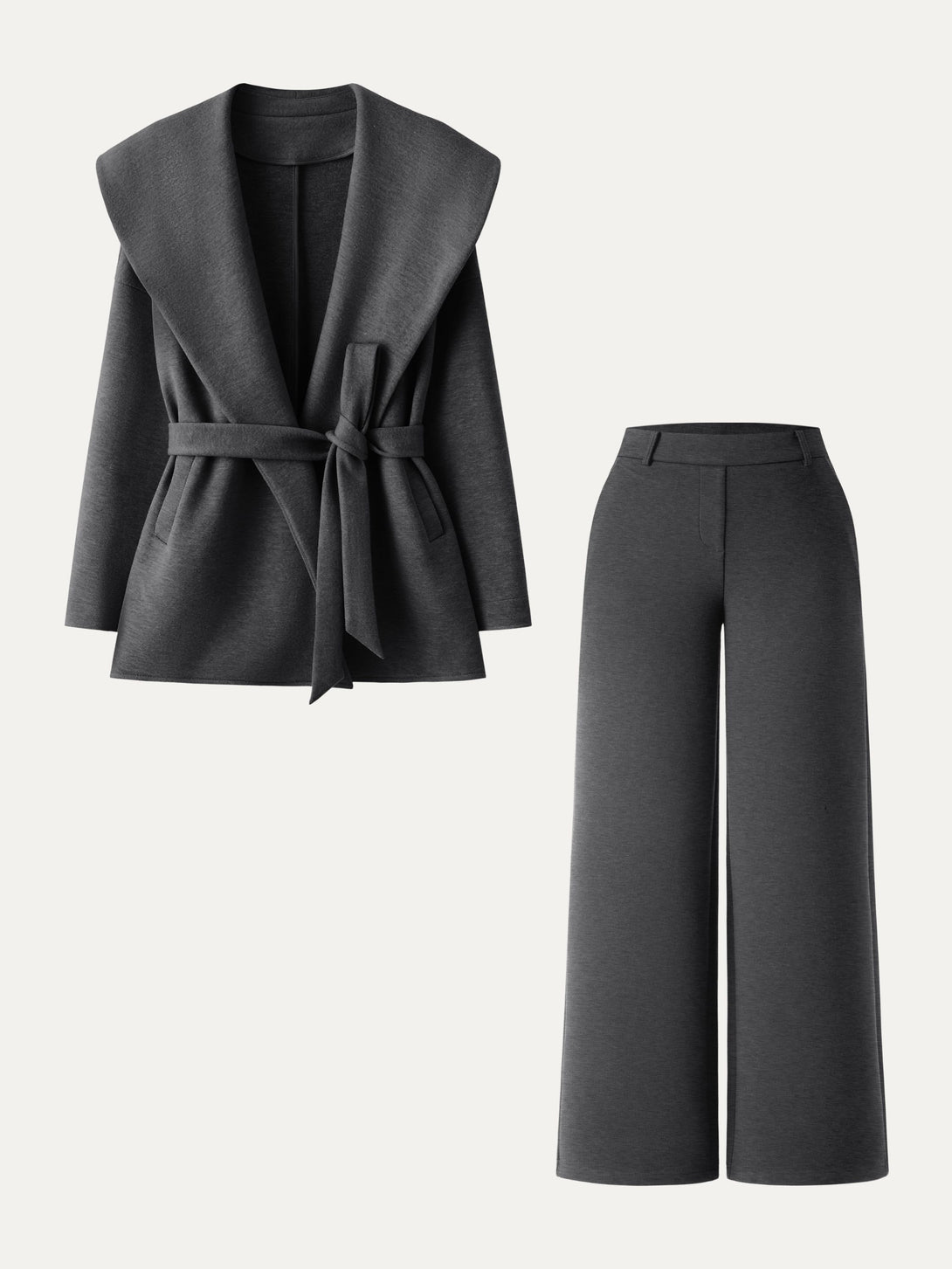 2Pcs Set Petite Straight Pants with Pockets & Belted Shawl Collar Robe Jacket