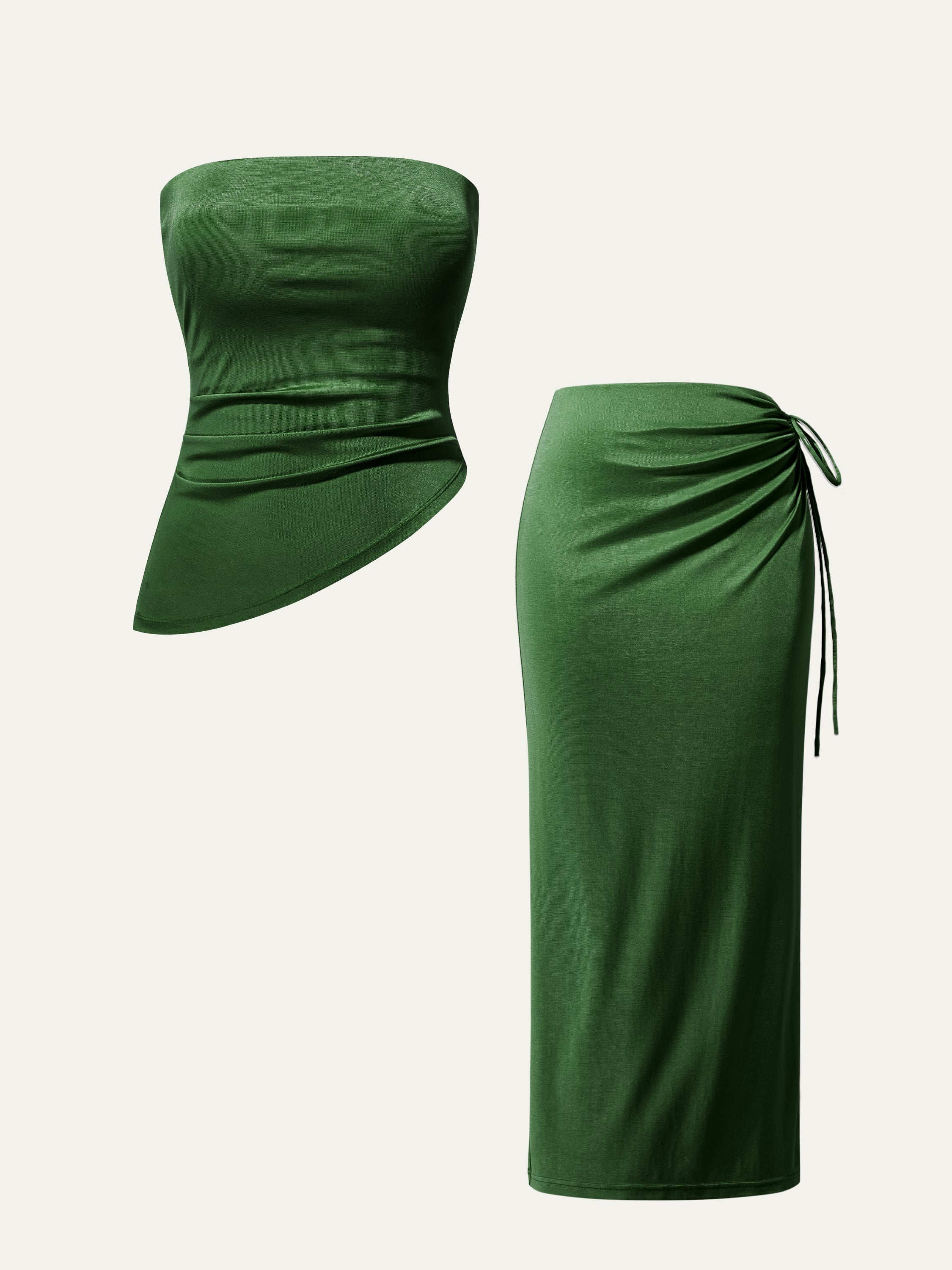 Silk-Like Acetate Tossa Brami Tube Top & Irisa Midi Skirt 2Pcs Set - Moss Olive