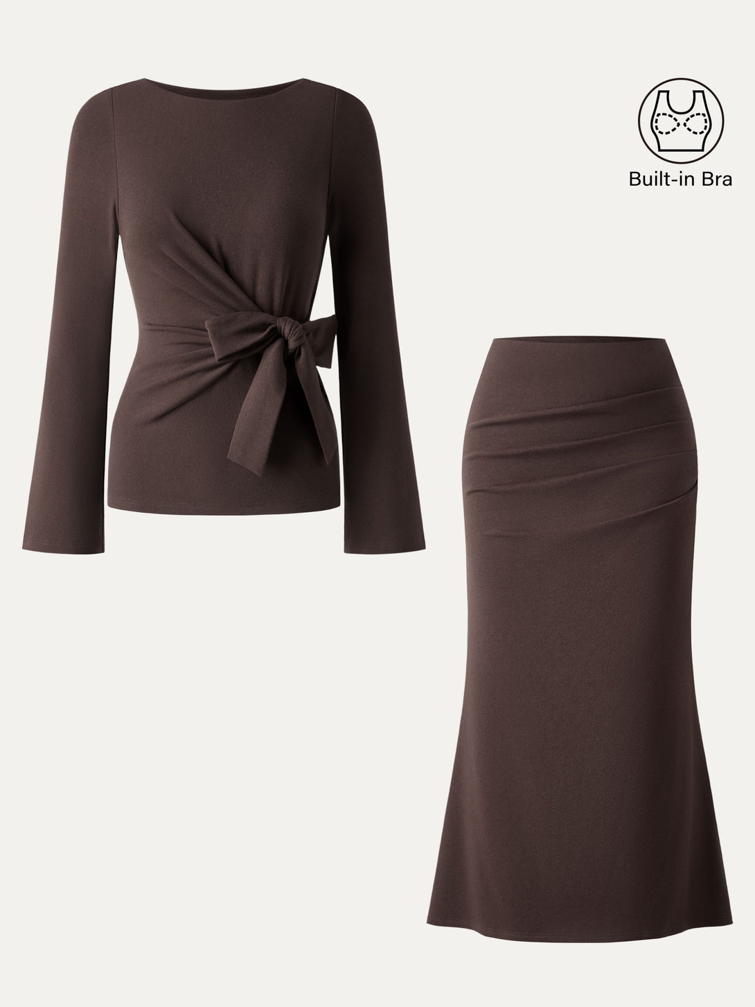 2Pcs Set Bow-Tie Belted Bell Sleeve Brami & Stretchy Tucked Flare Maxi Skirt Cedar Brown XS