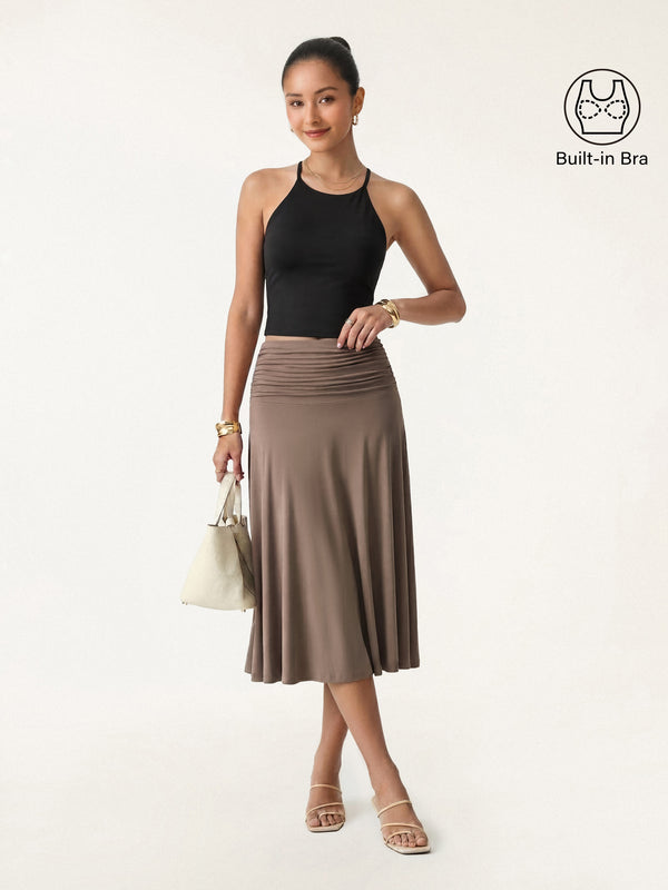 2Pcs Tie Back Bandless Bra Tank & Side Ruched A-line Midi Skirt Black/Iced Mocha XS