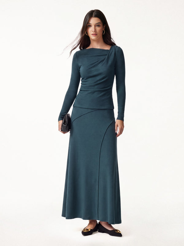OGLmove 2Pcs Set Asymmetrical Neck Long Sleeve Top & Drapey A-Line Midi Skirt
