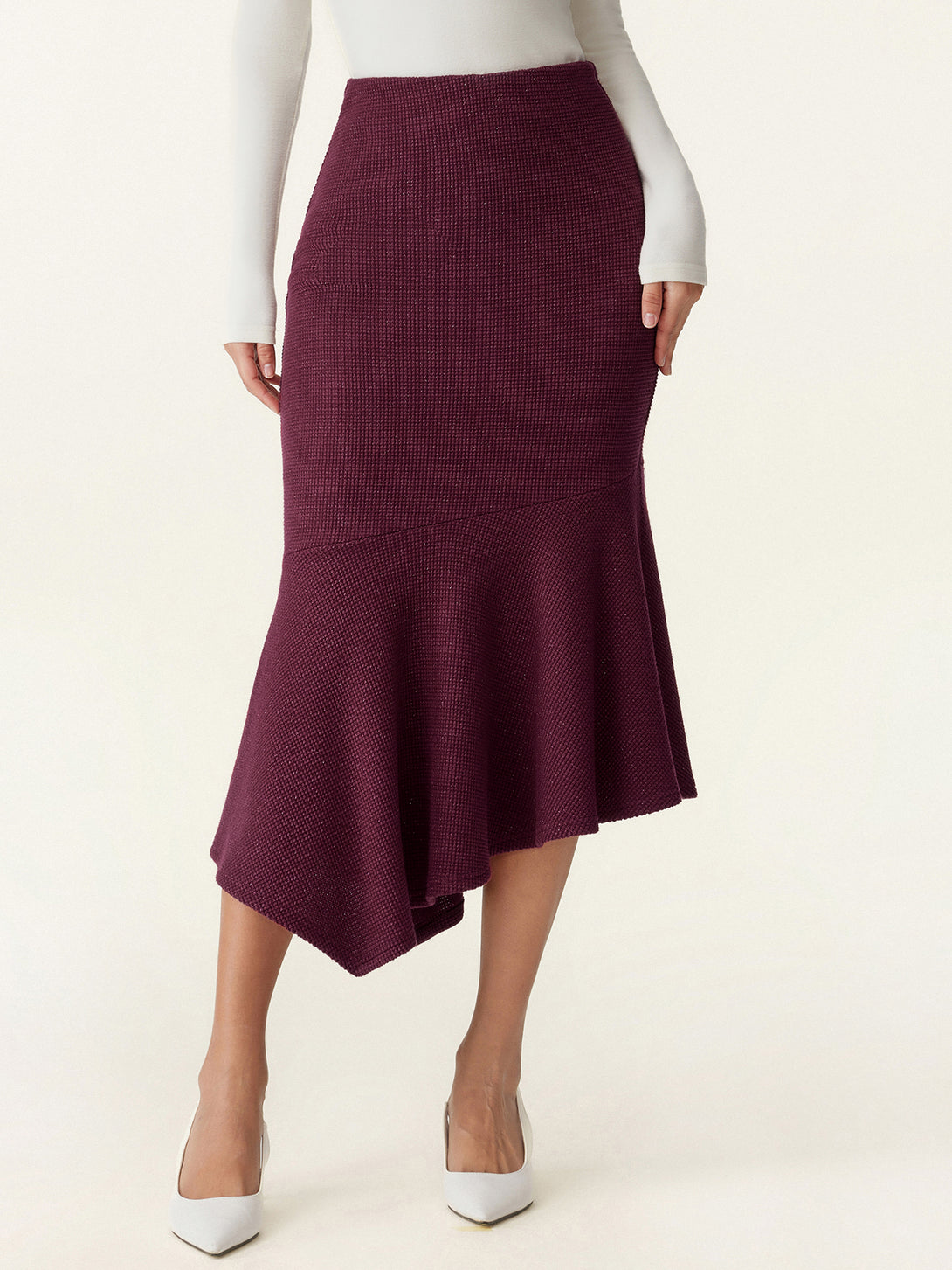 2Pcs Set Tinsel-Infused Knit Top & Asymmetrical Hem Midi Fishtail Skirt