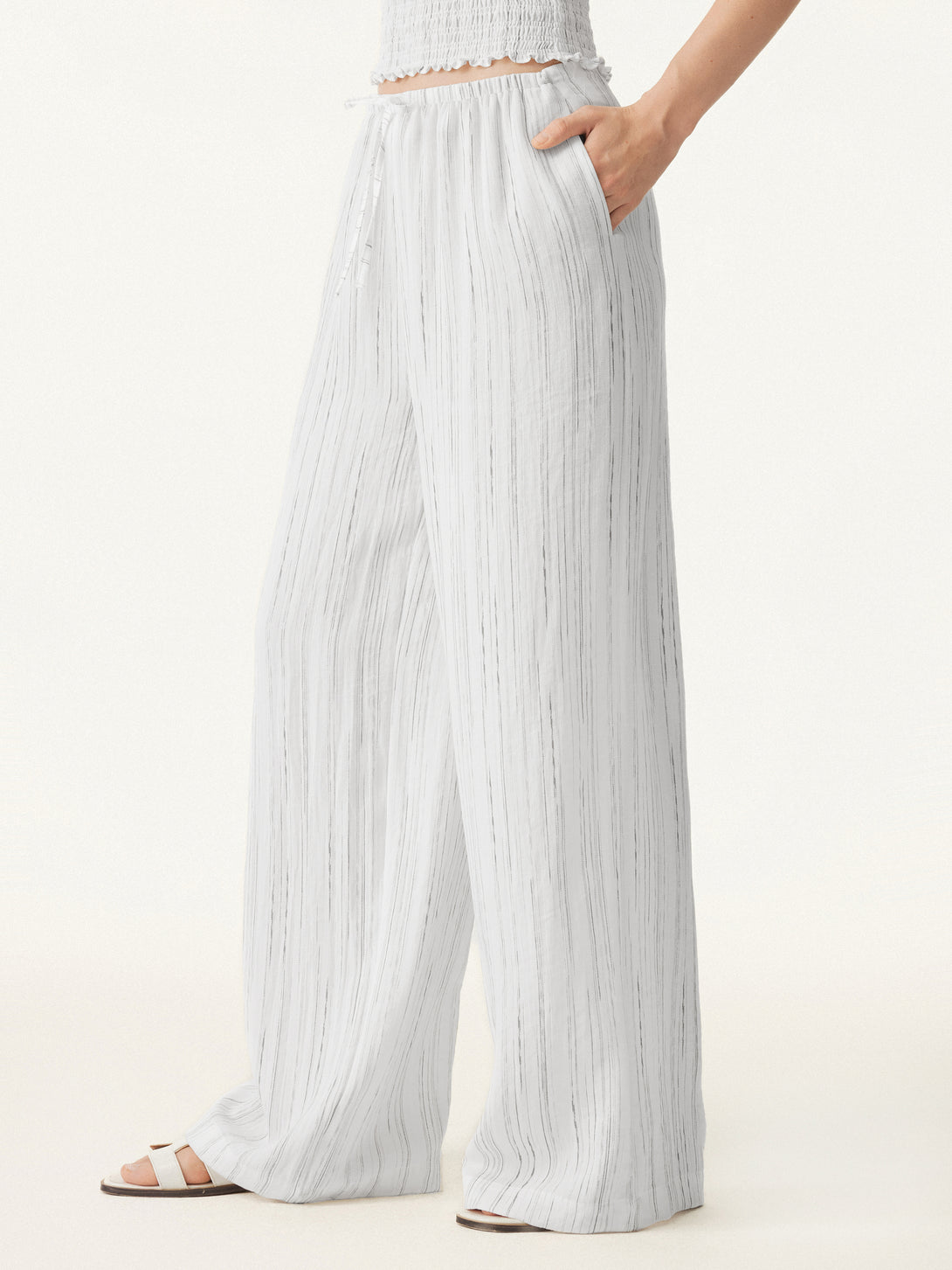 Summer Classic Striped Wide Leg Pants with Pockets Off White Stripe XS