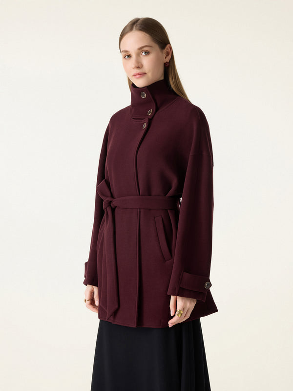 FuzzLuxe Classy Stand Collar Belted Coat
