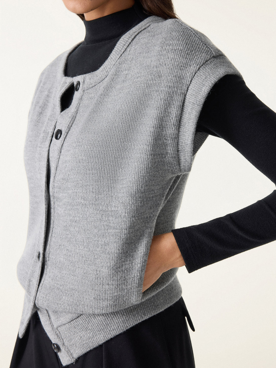 Cozy Crewneck Button Front Vest with Banded Hem