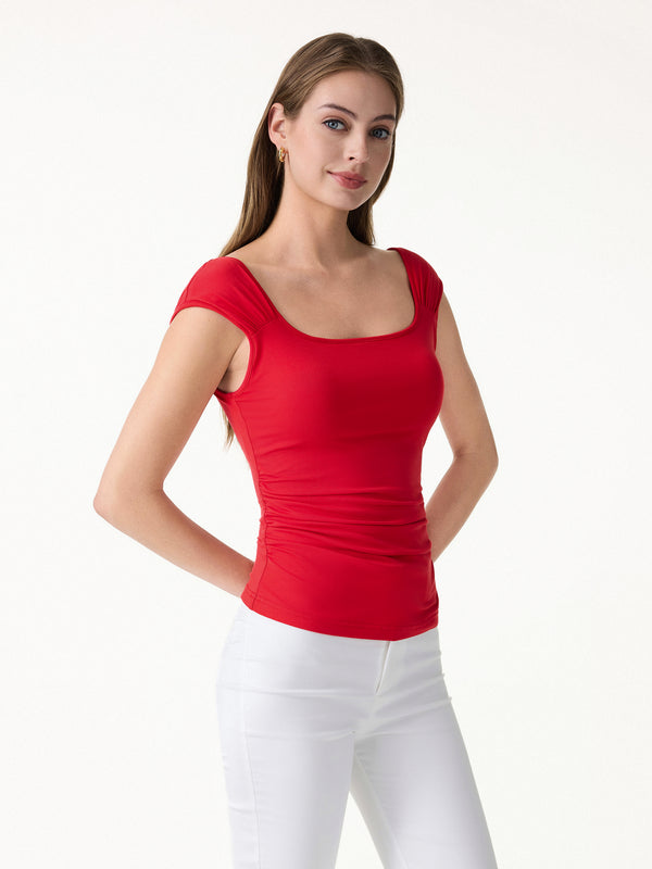 OGLmoveSkinKiss Square Neck Cap Sleeve Ruched Bra Top Red XS