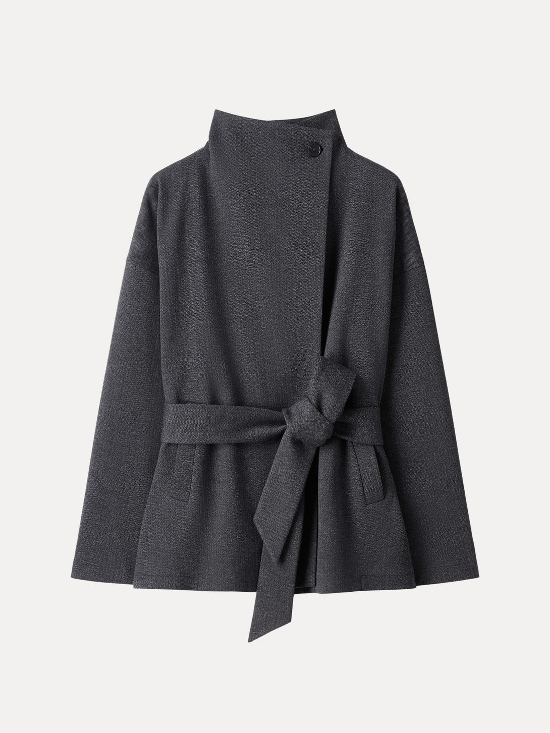 Herringbone Retro Belted Jacket with Pockets Midnight Grey XS