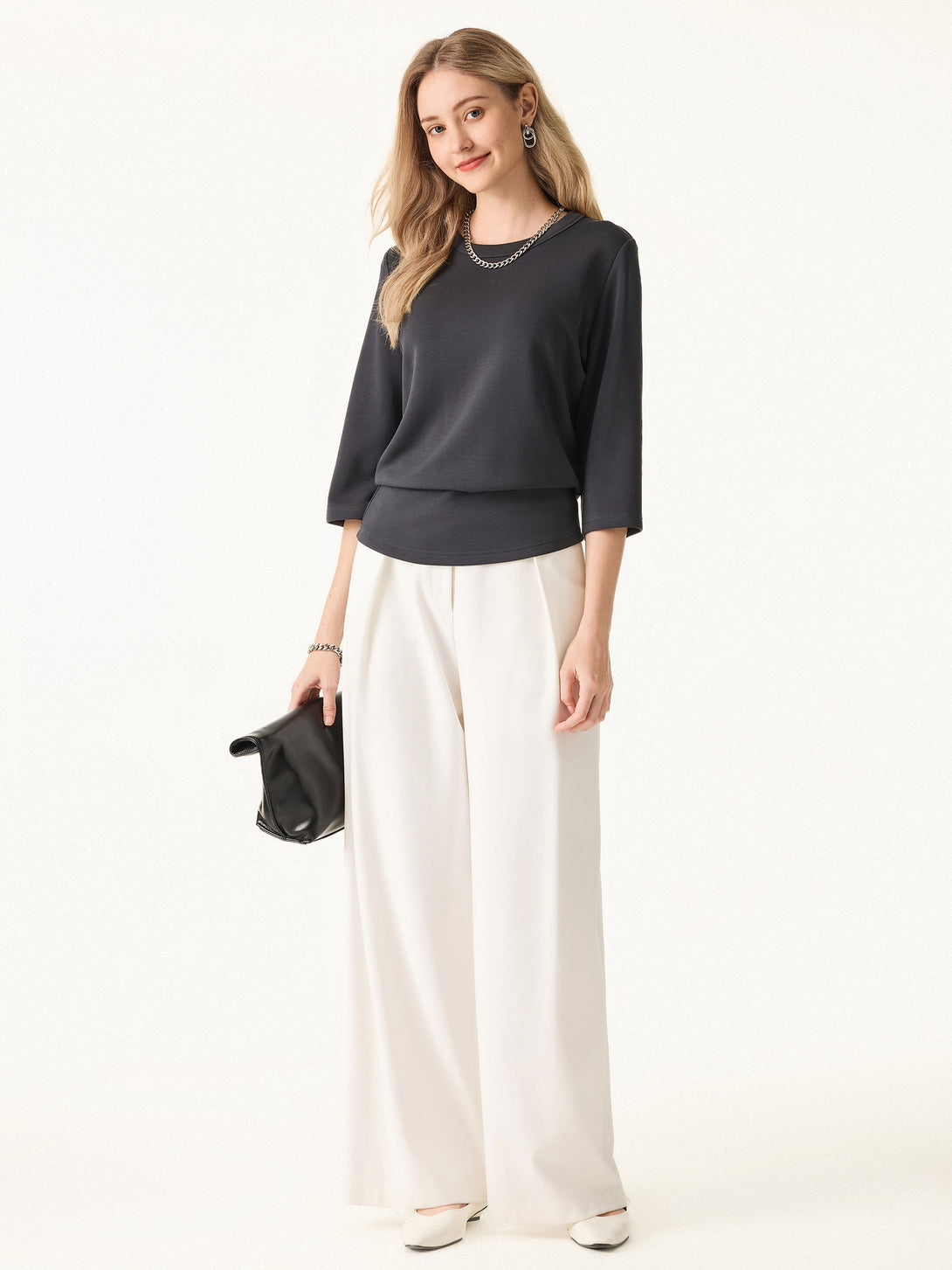 Sandwashed Spacer Crewneck 3/4 Sleeve Top