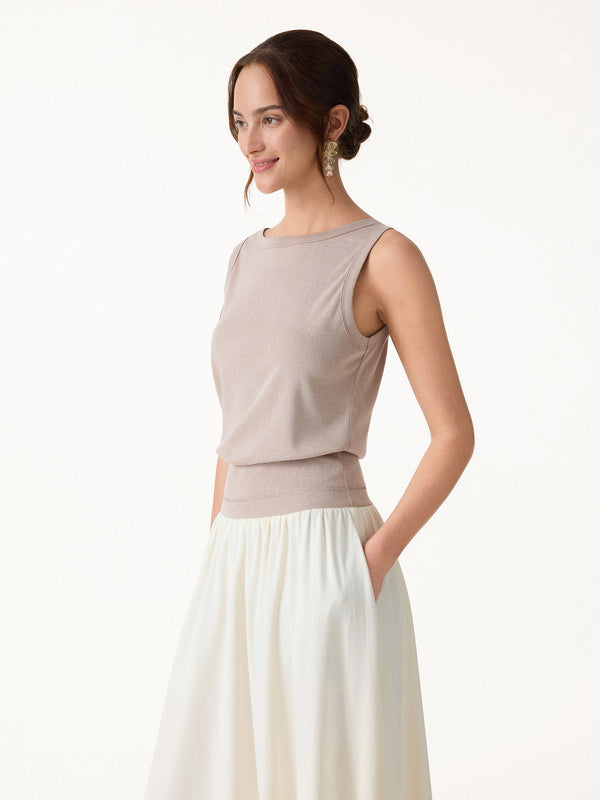 OGLmove Cotton-Linen Blend Reversible Boatneck Low Back Top Natural Calico Beige XS