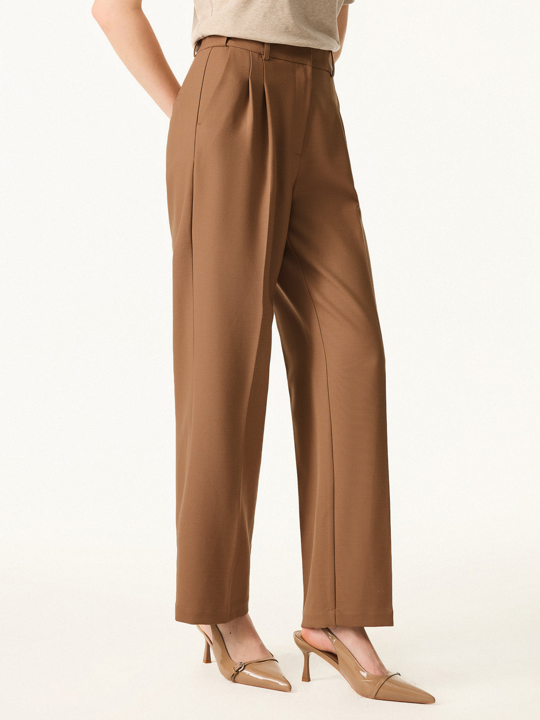 Stretch Wool High Rise Straight Leg Trousers with Pockets