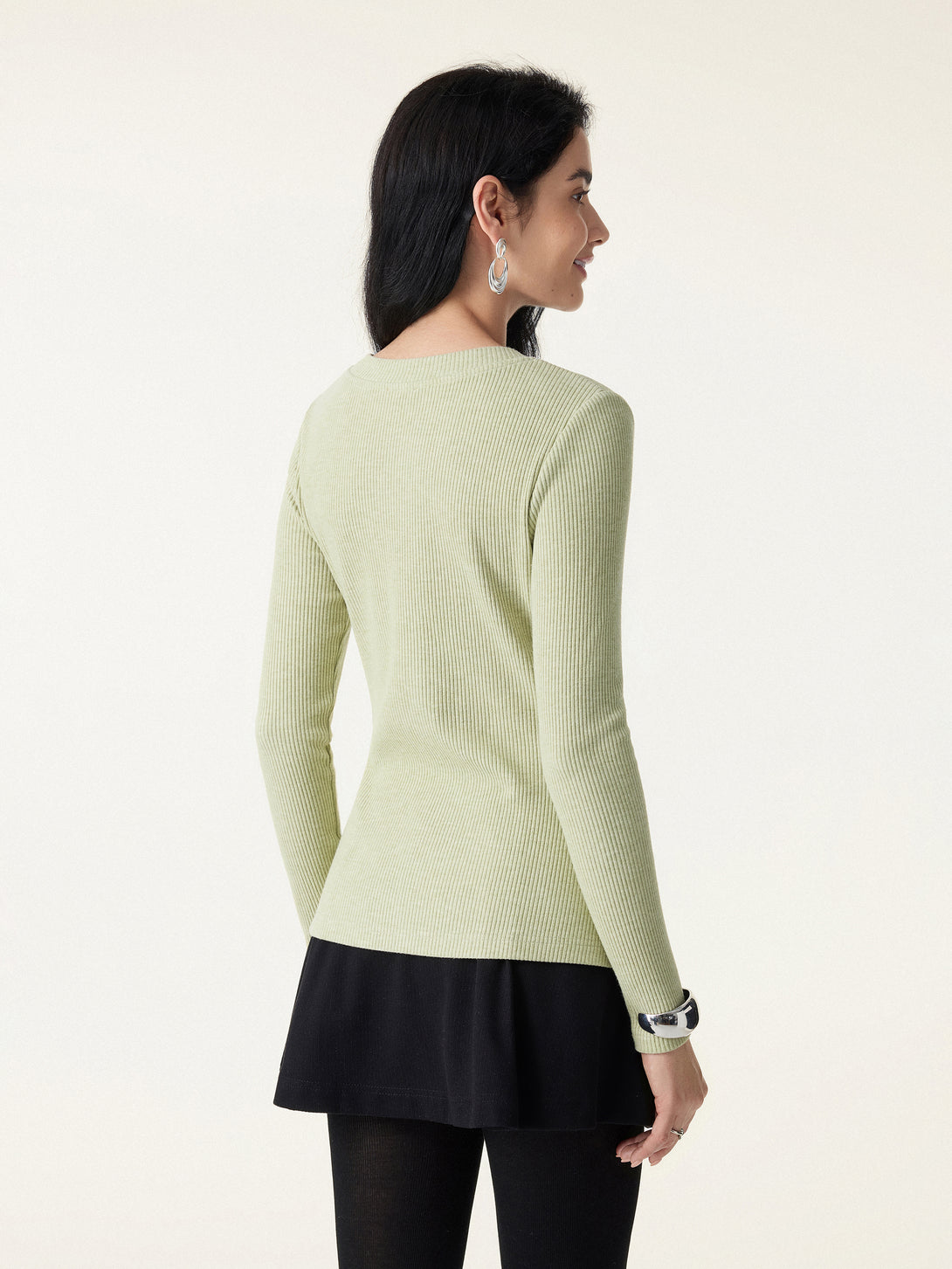 Ribbed Frog Button Round Neck Long Sleeve Top