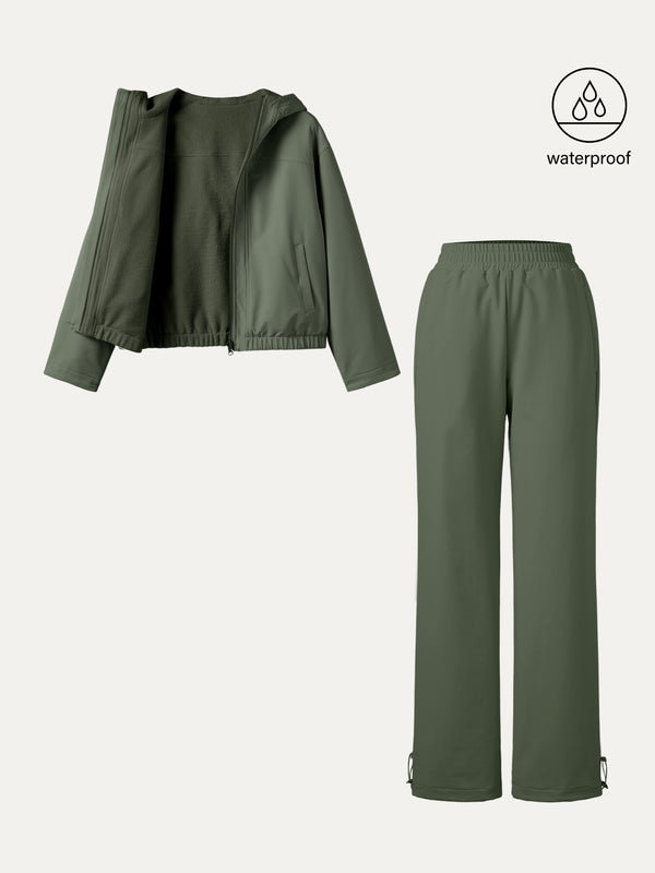 OGLmove 2Pcs Set Fleece Reversable Hooded Jacket & Fleece-Lined Elastic Waist Pants