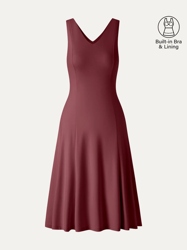 OGLmove Stretch Ponte V-Neck A-Line Midi Bra Dress Ancora XS