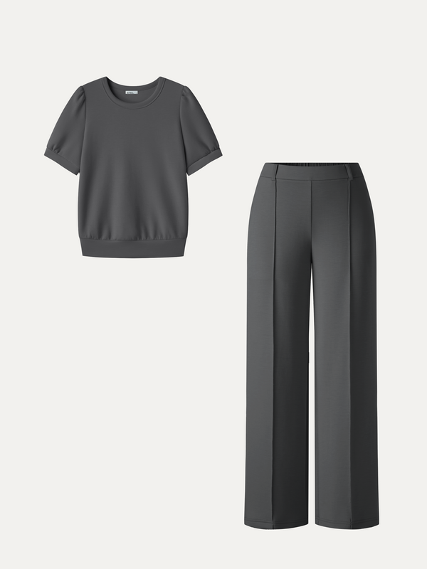 OGLmove 2Pcs Set Round Neck Puffed Short Sleeve Top & Cropped Straight-Leg Pants with Pockets Night Charcoal XXS