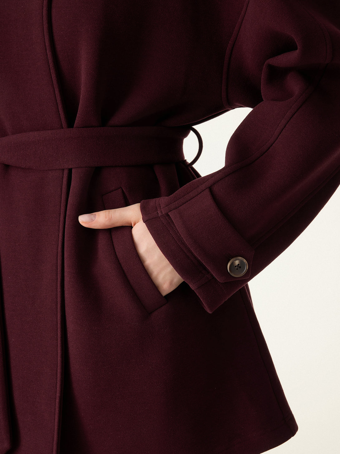 2Pcs Set Stand Collar Belted Coat & Mid Rise Straight Pull-on Pants with Pockets